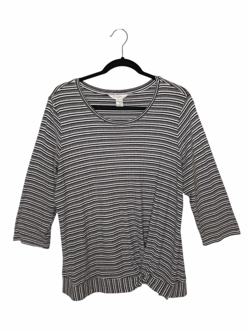 CJ Banks Black White Striped Top 3/4 Sleeve Twist Front Scoop Neck Plus 1X